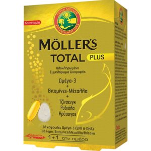 Moller's Total Plus Ωμέγα 3 28 κάψουλες Βιταμίνες & Μέταλλα, Τζίνσενγκ, Ροδιόλα & Κράταιγος 28 ταμπλέτες, συνδυασμός ωμέγα-3 λιπαρών οξέων